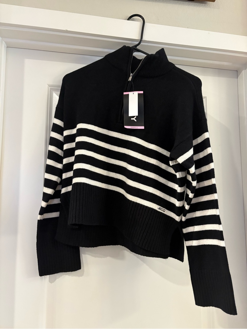 Dkny Black & White Striped Half-Zip Cropped Sweater